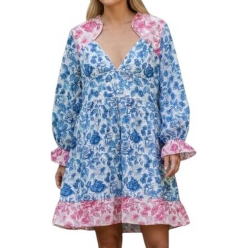 Simply Southern Multi Rose Dress V-neck mini dress blue and white floral body pi